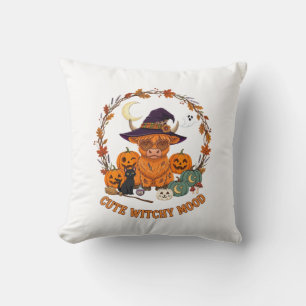 Cute Witchy Mood Halloween Highland Cow Black Cat Cushion