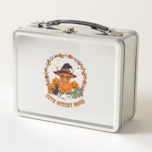 Cute Witchy Mood Halloween Highland Cow Black Cat Metal Lunch Box