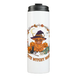 Cute Witchy Mood Halloween Highland Cow Black Cat Thermal Tumbler