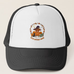 Cute Witchy Mood Halloween Highland Cow Black Cat Trucker Hat
