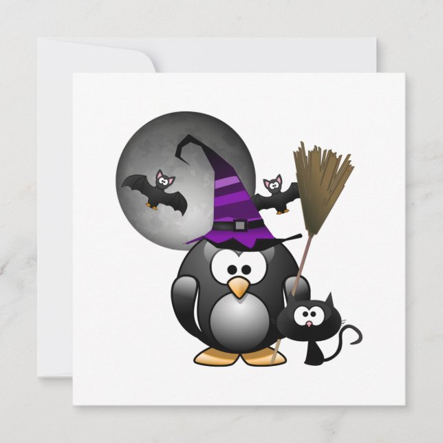 Cute Witchy Penguin with Halloween Scene Invitation (Front)