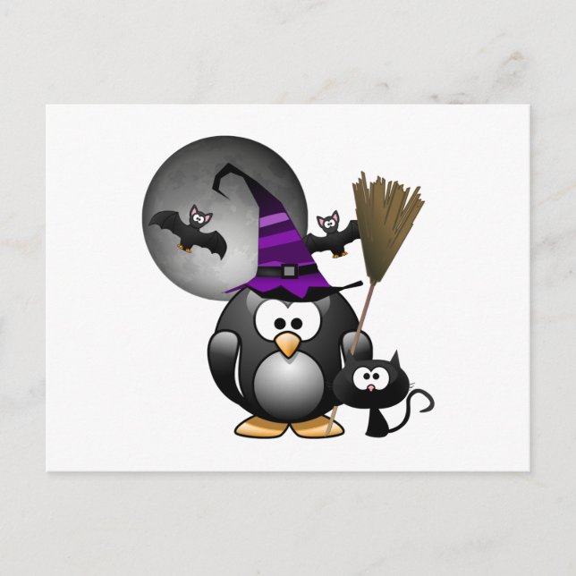 Cute Witchy Penguin with Halloween Scene Postcard (Front)