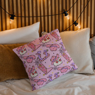 Cute Witchy Skull Pink Spooky Chic Halloween Cushion