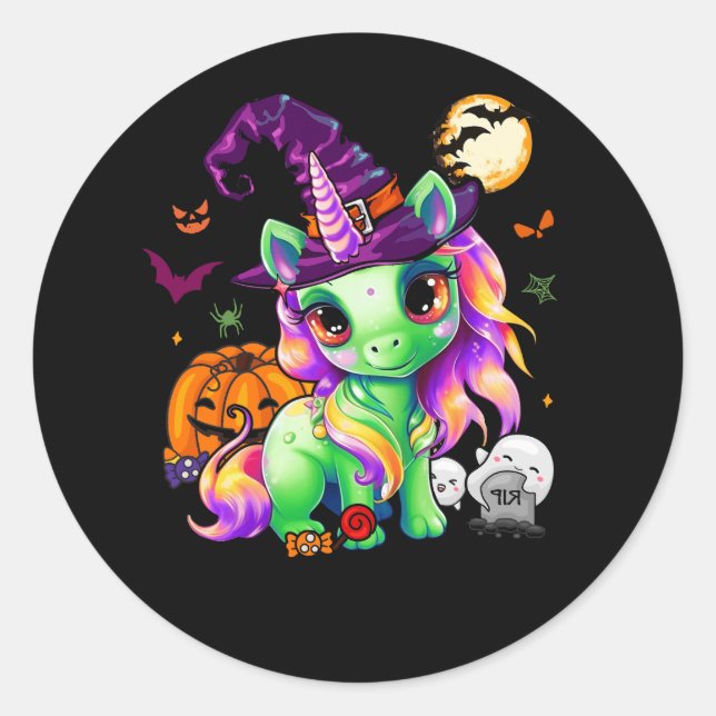 Cute Witchy Unicorn Halloween Witch Zombie Pumpkin Classic Round Sticker (Front)