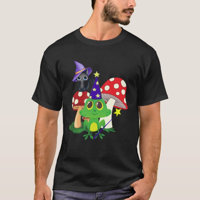 Cute Wizard Frog and Witch Black Cat Mushrooms Hal T-Shirt (Front)
