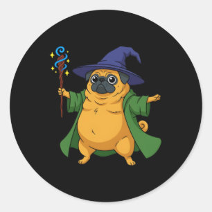 Cute Wizard Pug Dog Holding A Magic Staff Classic Round Sticker