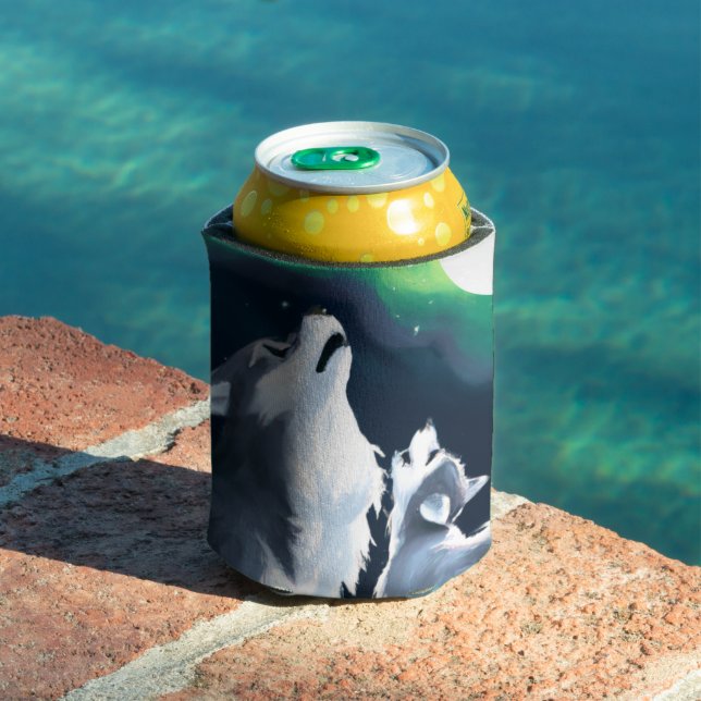 Cute Wolf and Pup Howl at Full Moon Can Cooler (In Situ Pool)