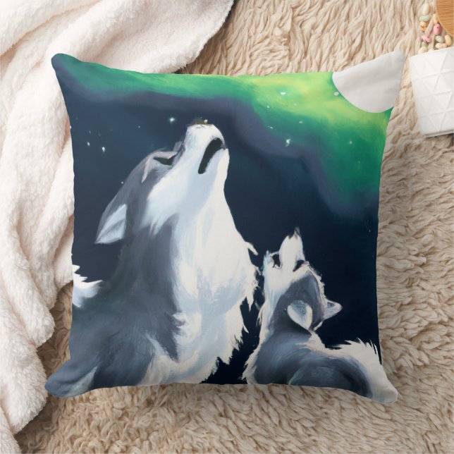 Cute Wolf and Pup Howl at Full Moon Cushion (Blanket)
