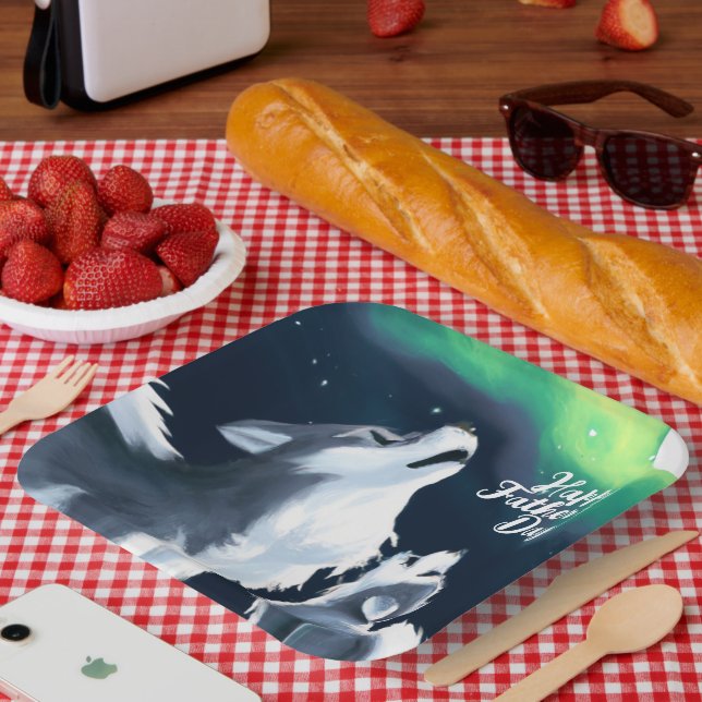 Cute Wolf and Pup Howl at Full Moon Father's Day Paper Plate (Picnic)