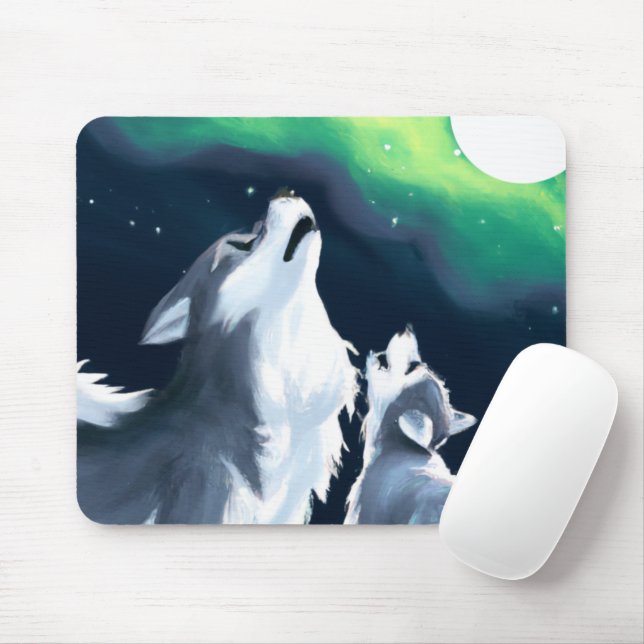 Cute Wolf and Pup Howl at Full Moon Mouse Pad (With Mouse)