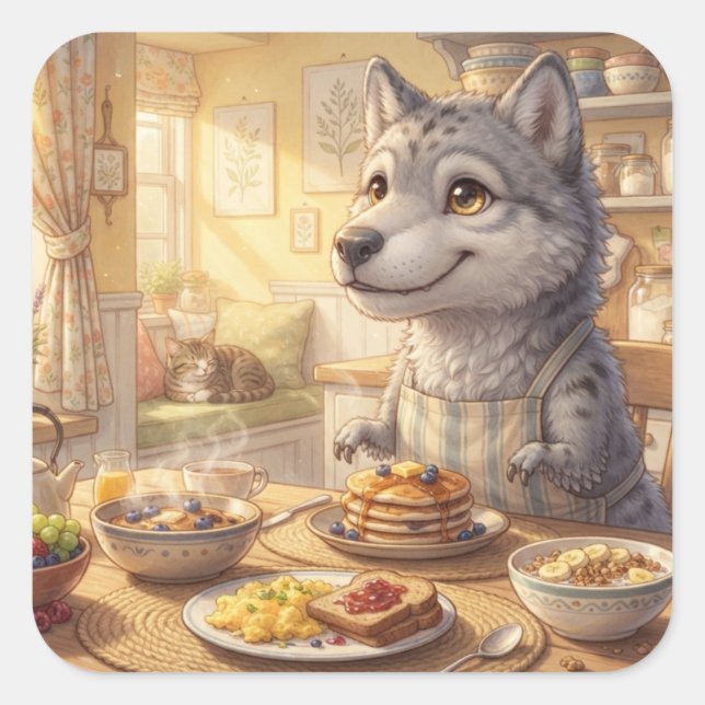 Cute Wolf Breakfast Sticker (Front)