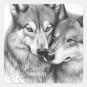 Cute Wolf Couple   Romantic Wedding  Square Sticker