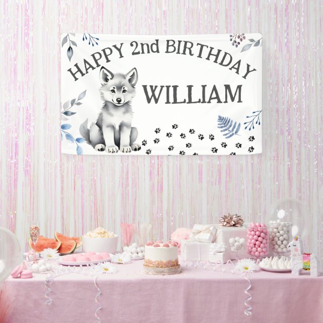 Cute wolf cub two wild happy birthday party banner (Party)