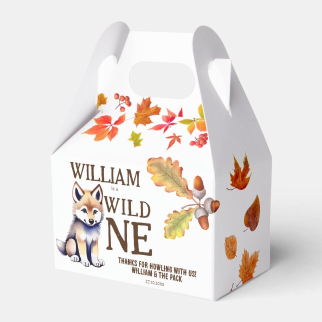 Cute wolf cub wild one woodlands birthday party favour box (Front Side)