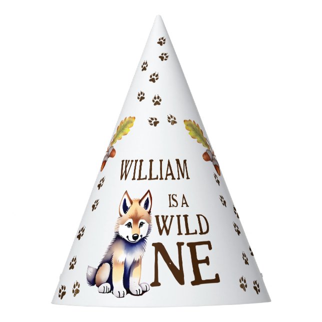 Cute wolf cub wild one woodlands birthday party hat (Front)