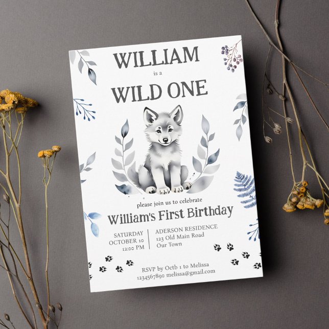 Cute wolf cub wild one woodlands birthday party invitation (Wild one cute wolf pup birthday template invitation instant download)