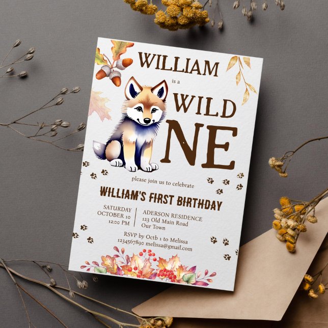 Cute wolf cub wild one woodlands birthday party invitation (Wild one cute wolf cub wolf themed birthday party template invitation instant download fall winter)