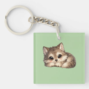 Cute Wolf Cub with Big Eyes Relaxing Woodland Anim Key Ring