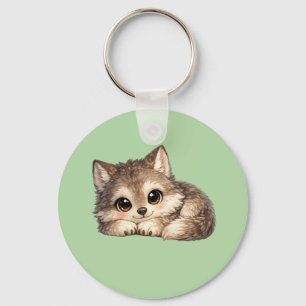 Cute Wolf Cub with Big Eyes Relaxing Woodland Anim Key Ring