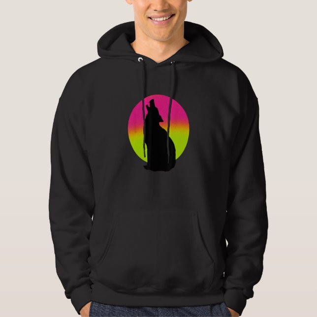 Cute Wolf   Howling Wolf Retro Sunset Hoodie (Front)