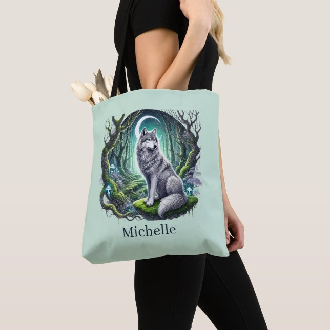 Cute wolf lovers add name  tote bag (Close Up)
