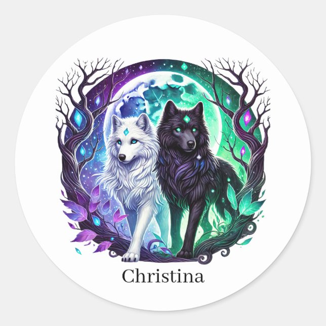Cute wolf lovers animal customisable  classic round sticker (Front)