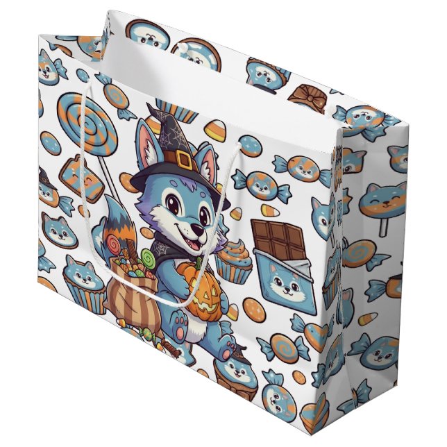 Cute Wolf Pack Halloween Large Gift Bag (Front Angled)