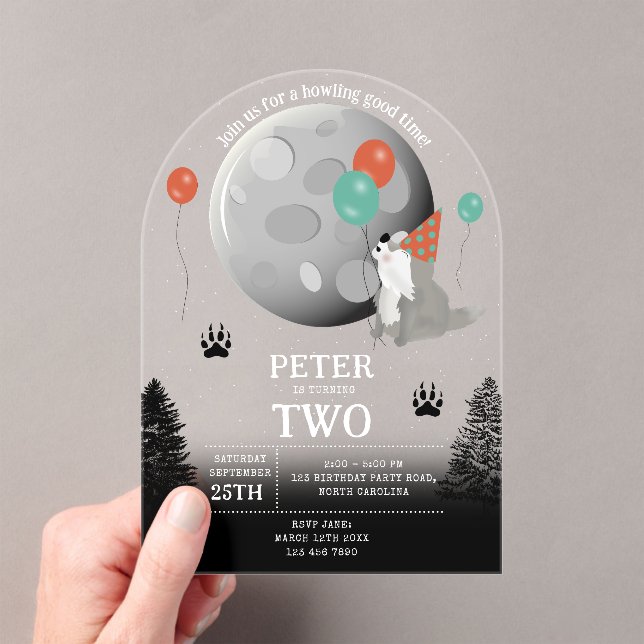 Cute Wolf Pack Woodland Moon Howling Birthday Acrylic Invitations (Insitu (Handheld))
