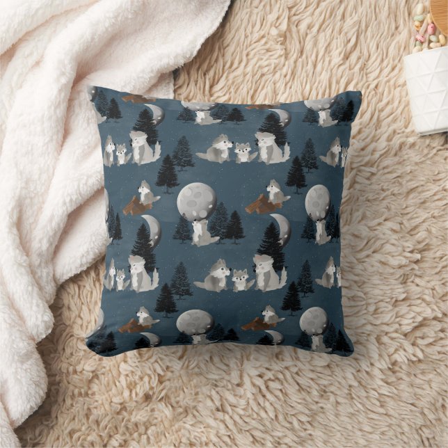 Cute Wolf Pack Woodland Night Baby Nursery Cushion (Blanket)