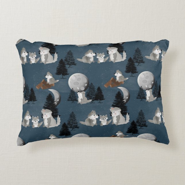 Cute Wolf Pack Woodland Night Baby Nursery Decorative Cushion (Front)