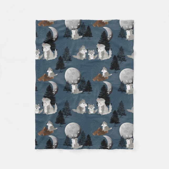 Cute Wolf Pack Woodland Night  Fleece Blanket (Front)