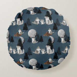 Cute Wolf Pack Woodland Night Kids Bedroom Round Cushion
