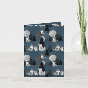 Cute Wolf Pack Woodland Night Sky Moon Card