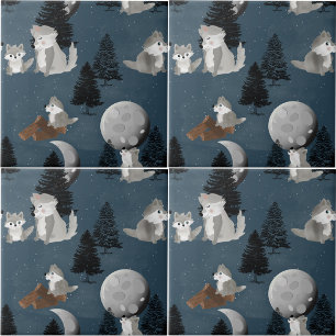 Cute Wolf Pack Woodland Night Sky Moon Ceramic Tile