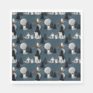 Cute Wolf Pack Woodland Night Sky Moon Napkin