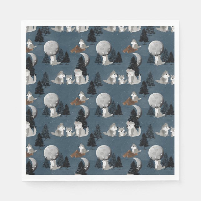 Cute Wolf Pack Woodland Night Sky Moon Napkin (Front)