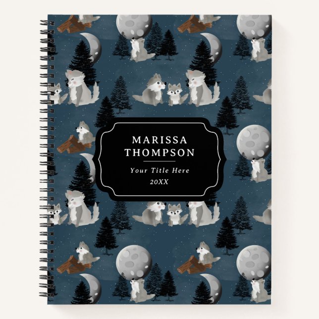 Cute Wolf Pack Woodland Night Sky Moon Notebook (Front)