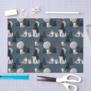 Cute Wolf Pack Woodland Night Sky Moon Tissue Paper
