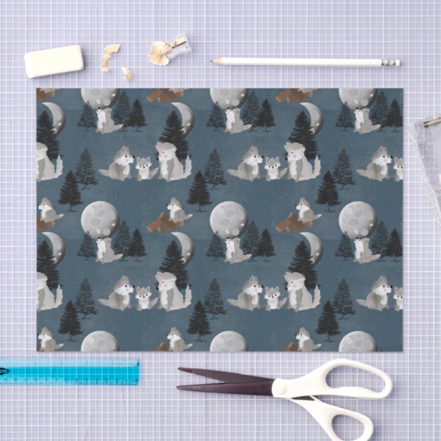 Cute Wolf Pack Woodland Night Sky Moon Tissue Paper (Craft)