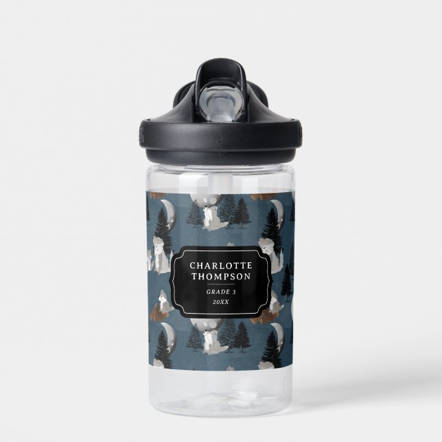 Cute Wolf Pack Woodland Night Sky Moon Water Bottle (Front)