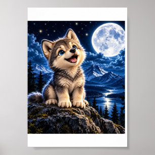 Cute Wolf Pup – Moonlight Adventure Poster