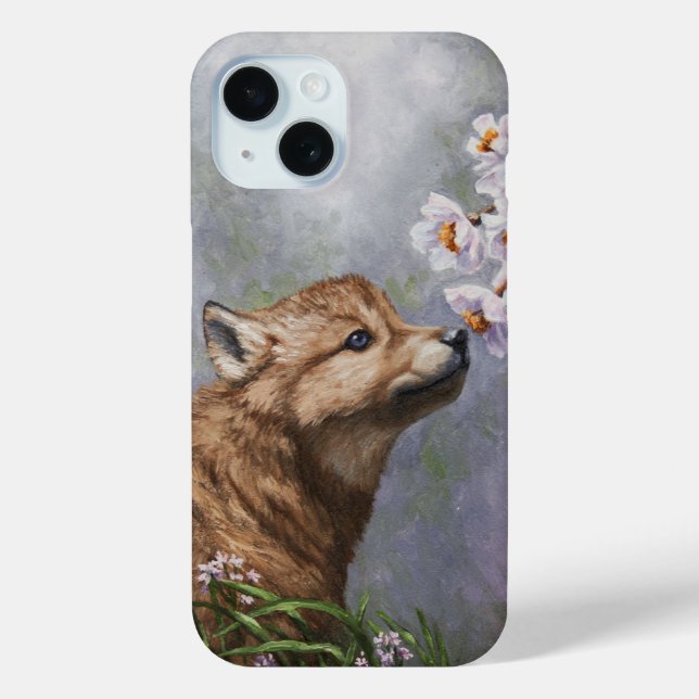Cute Wolf Puppy Sniffing Flower Blossoms Case-Mate iPhone Case (Back)