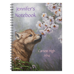 Cute Wolf Puppy Sniffing Flower Blossoms Notebook