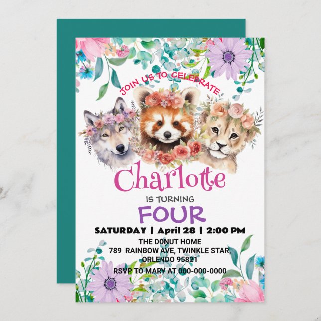 Cute Wolf racoon jungle Animals Birthday Floral Invitation (Front/Back)