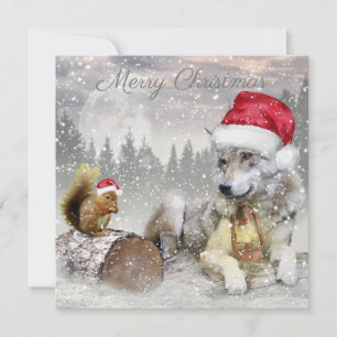 Cute Wolf Squirrel Winter Snow Forest Christmas Holiday Card