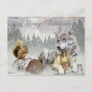 Cute Wolf Squirrel Winter Snow Forest Christmas Holiday Postcard