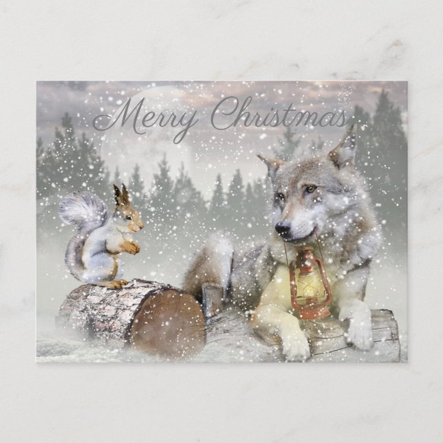 Cute Wolf Squirrel Winter Snow Forest Christmas Holiday Postcard (Front)