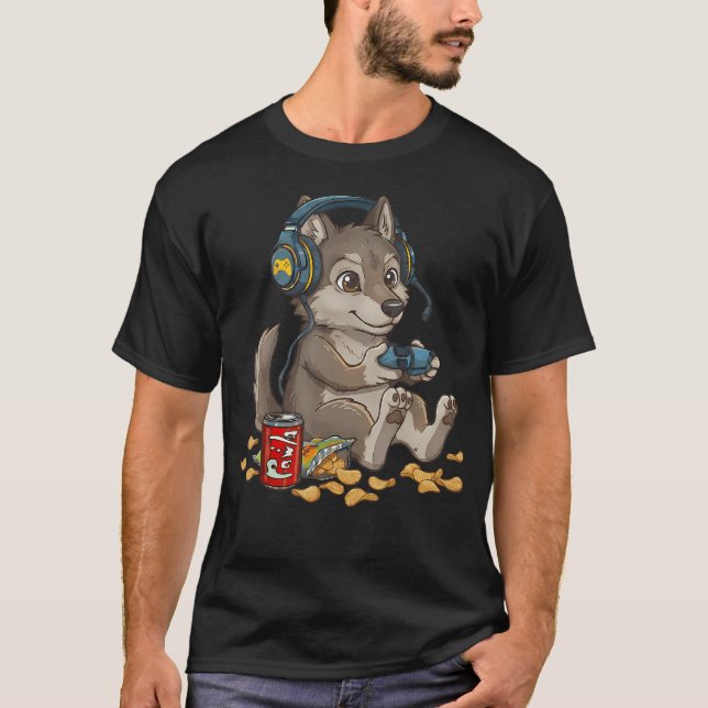 Cute Wolf Video Gamer Controller Pc Console T-Shirt (Front)