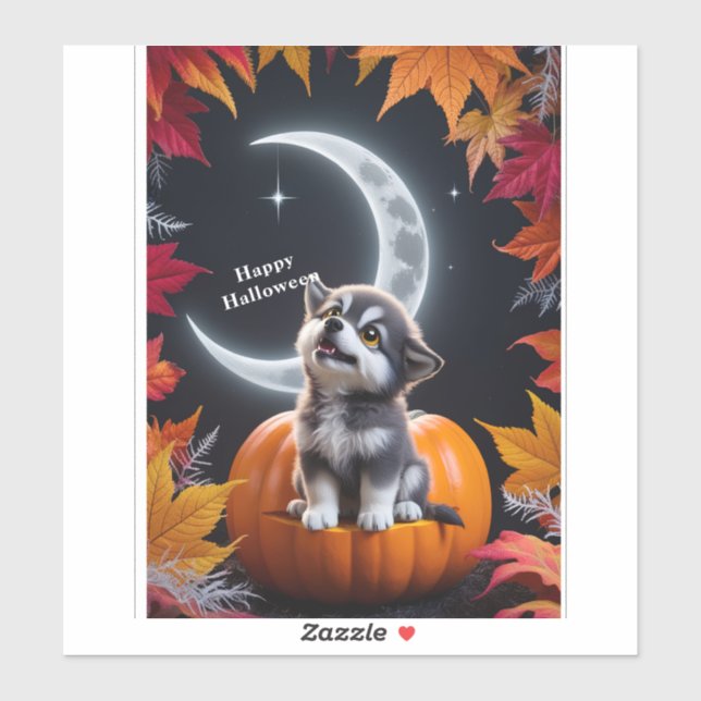 Cute Wolf with Crescent Moon Nighttime Autumn Scen (Sheet)