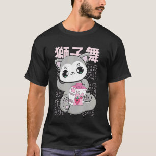 Cute Wolf With Strawberry Milk Bubble Tea For Boba T-Shirt